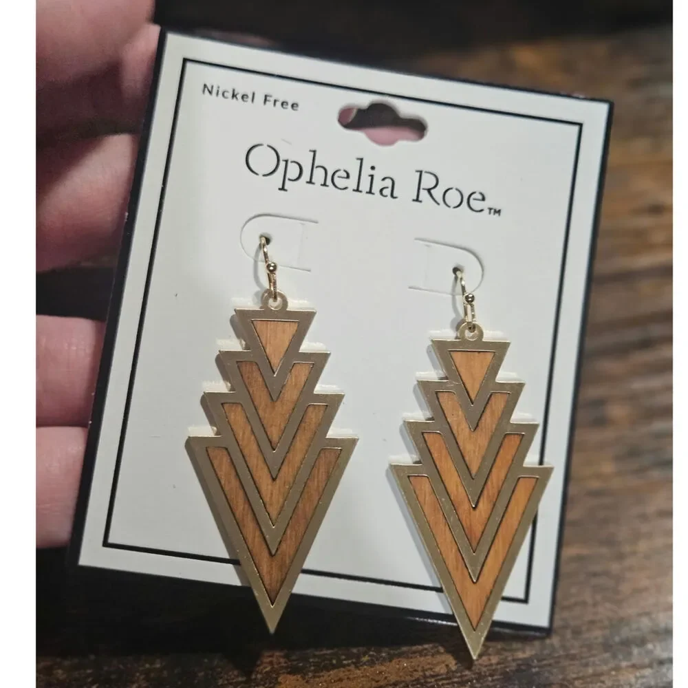 Ophelia Roe Gold Tone Wood Geometric Drop Earrings Nickel Free NWT Deadstock